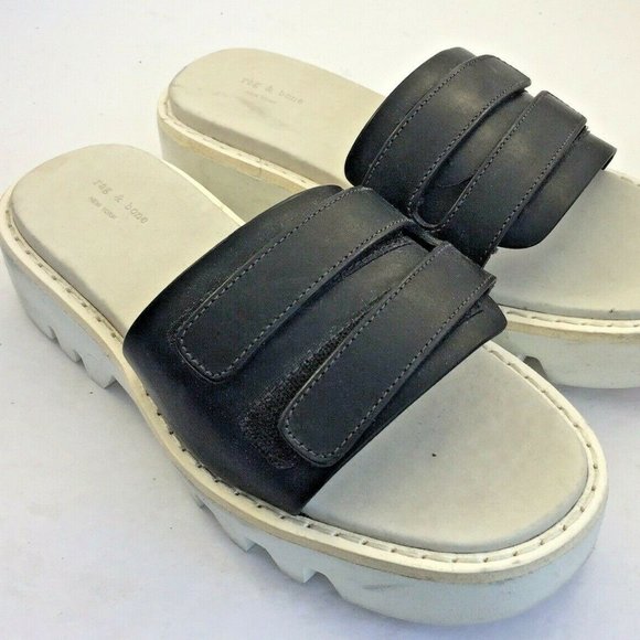 Rag & Bone Seldon Leather Sandal Slide blk wht Sz6 - Picture 1 of 9